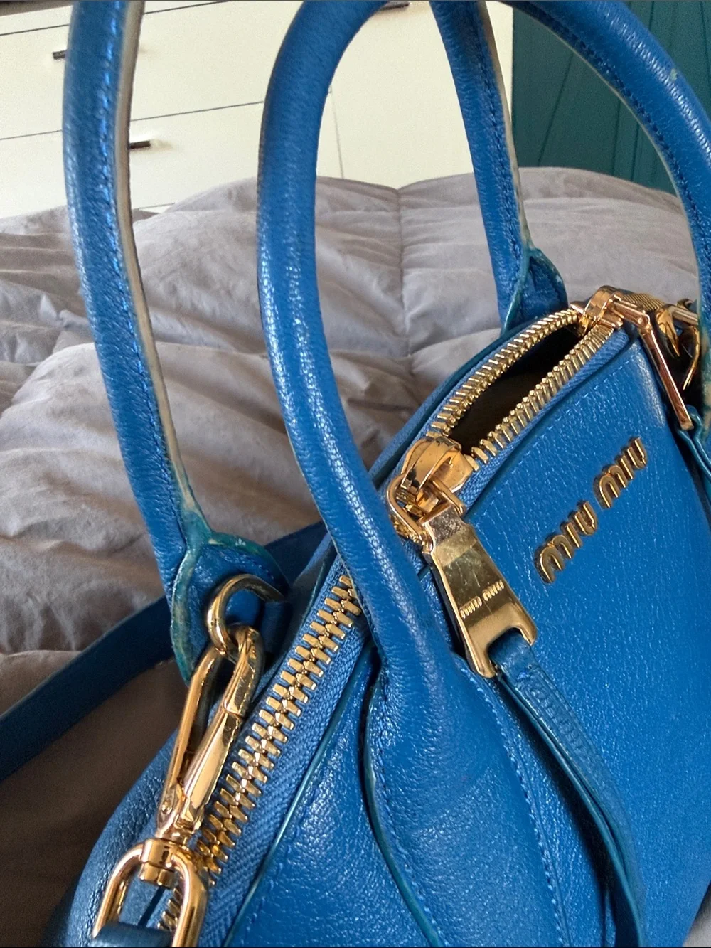 Miu Miu Royal Blue Leather Dome Satchel with Gold Hardware